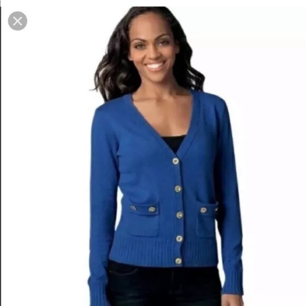 CAbi Blue Cardigan Sweater with Fitted Silhouette and V-Neck Style